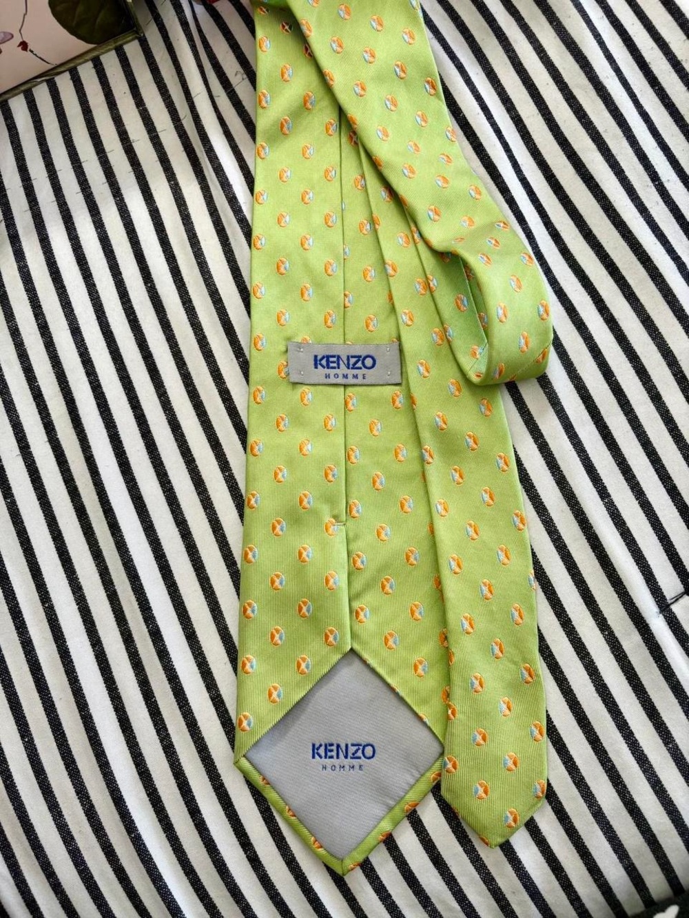 Kenzo Lime Green Silk Tie with Orange and Light Blue Medallions